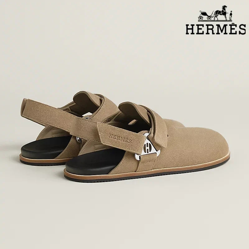 Herm¨¨s Light Khaki Suede Slingback Mules with Silver H Turnlock