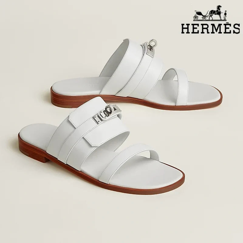 Herm¨¨s White female shoes Smooth Leather Slide Sandals with Silver Kelly Buckle