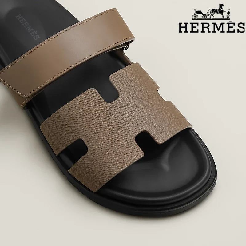 Herm¨¨s womens shoes men sneaker Taupe Leather H Cutout Double-Strap Slide Sandals