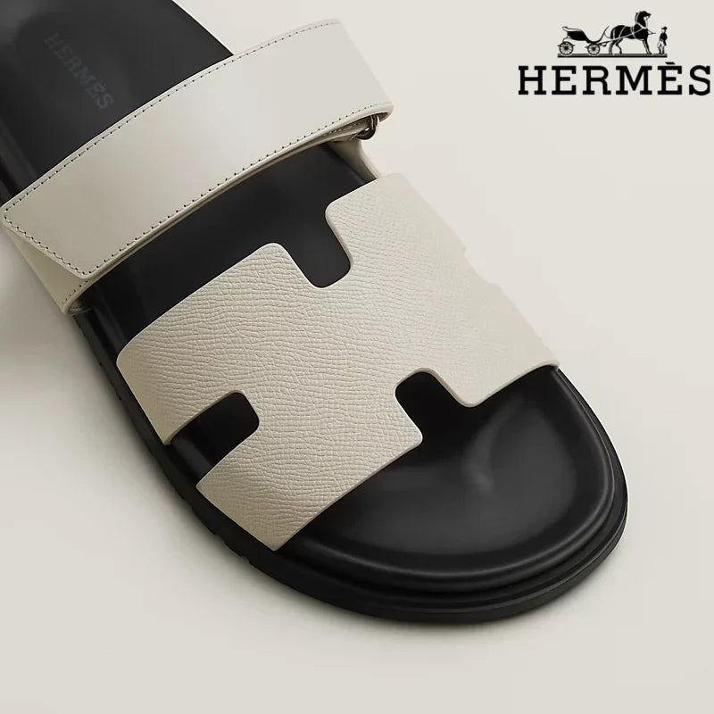 Herm¨¨s Cream Leather H Cutout Double-Strap Slide Sandals