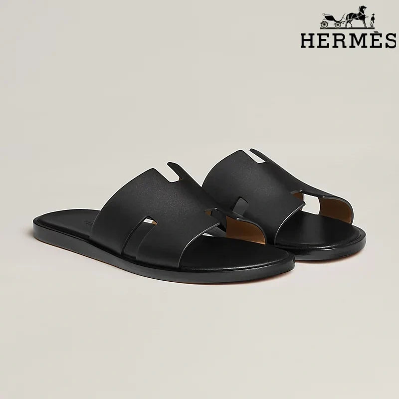 Herm¨¨s Black Leather Oran Slide Sandals