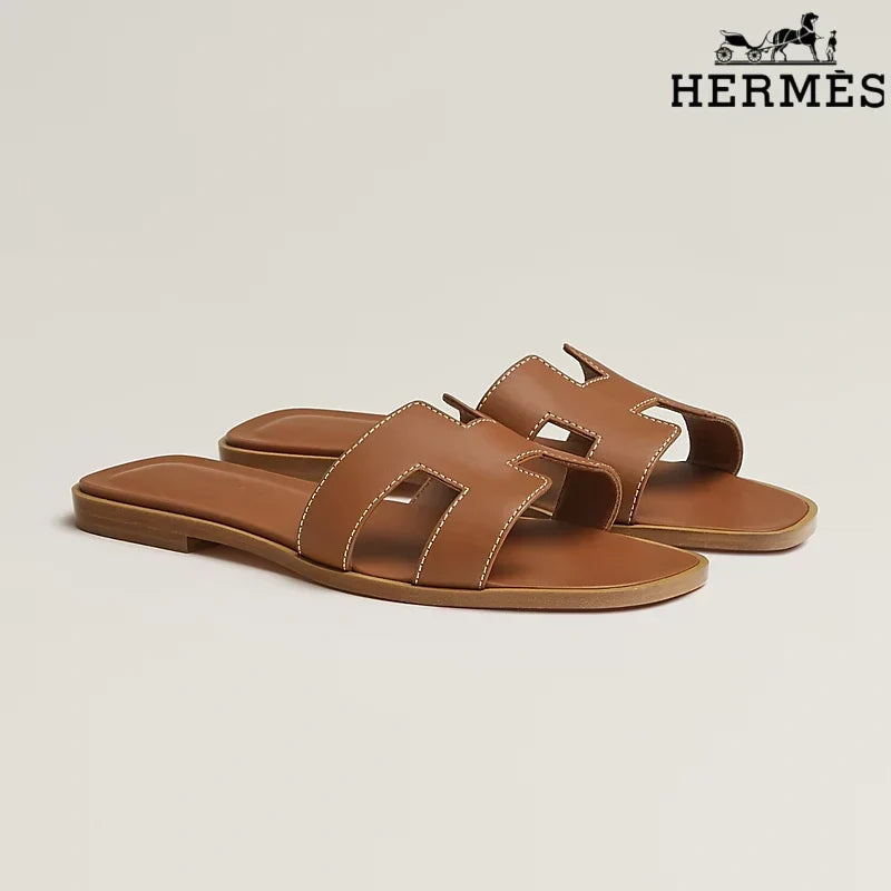 Herm¨¨s Brown Leather Oran Slide Sandals