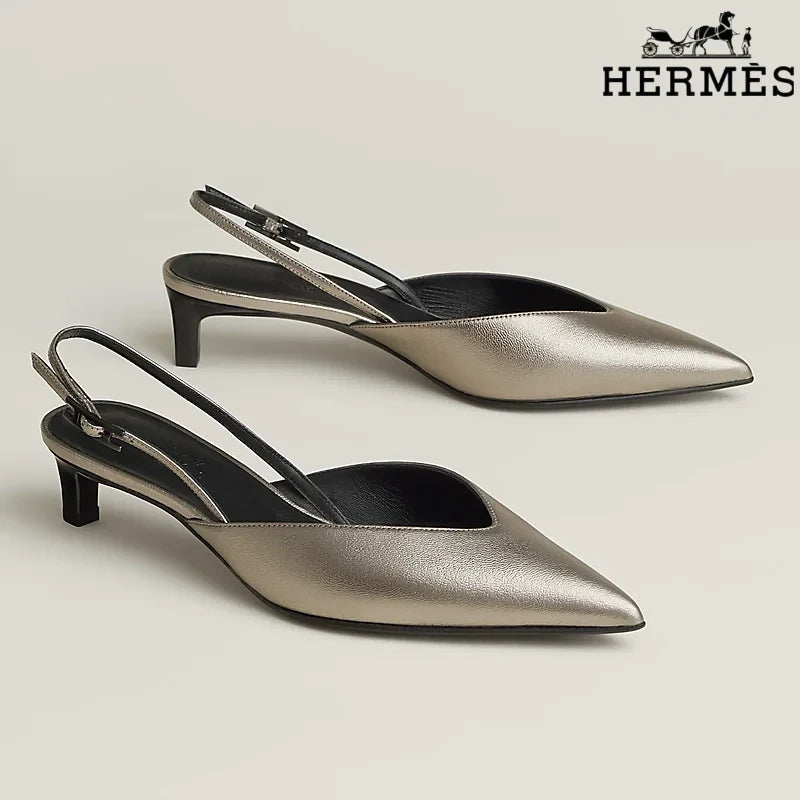 Herm¨¨s Pewter Metallic Leather Slingback Kitten Heels