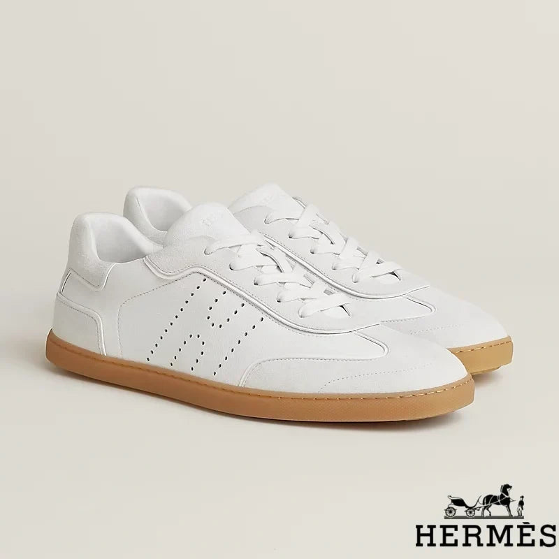 Herm¨¨s womens shoes men sneaker White Leather and Suede Low Sneakers