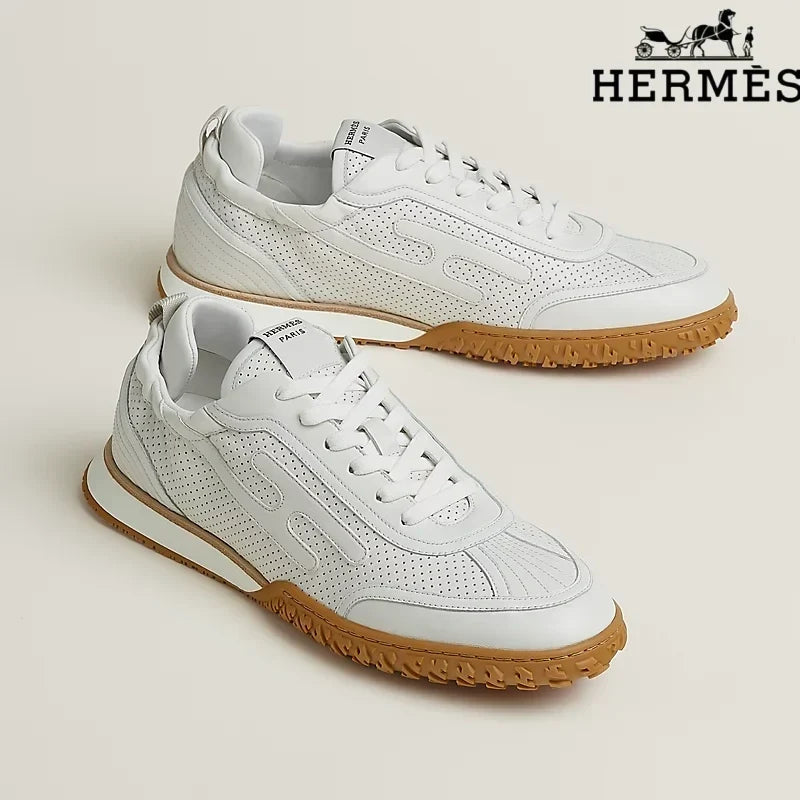 Herm¨¨s womens shoes men sneaker White Perforated Leather H-Logo Sneakers