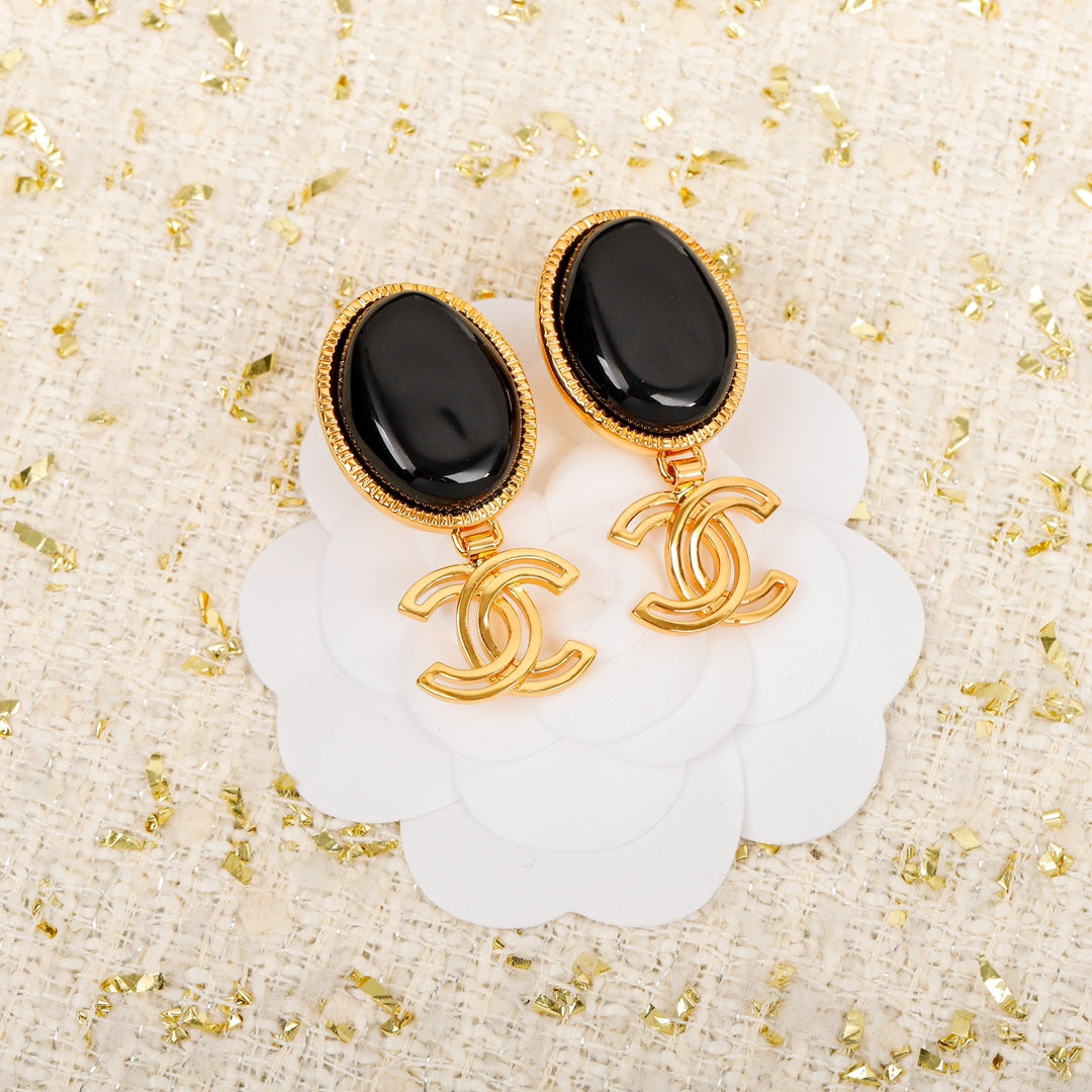 Chanel Black Crystal Pendant 18K Gold Earrings