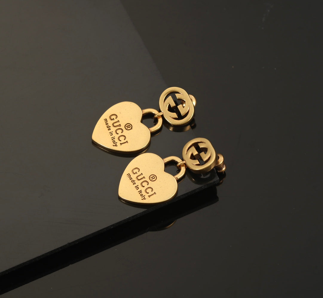 Gucci Double Heart Pendant 18K Gold Earrings