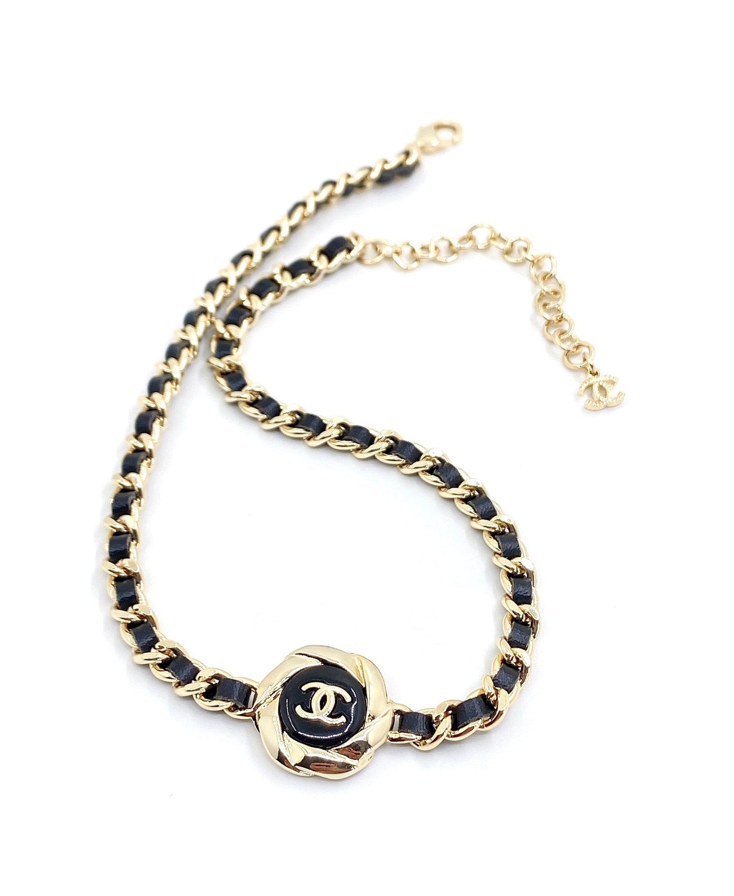 Chanel Rhinestone Leather Choker 18K Gold Necklace