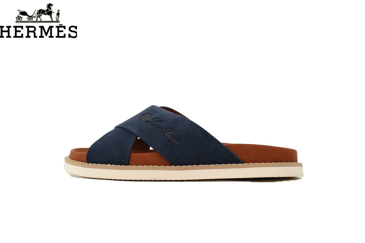hermes womens shoes men sneaker Loro Piana Navy Blue Suede Cross-Strap Slide Sandal