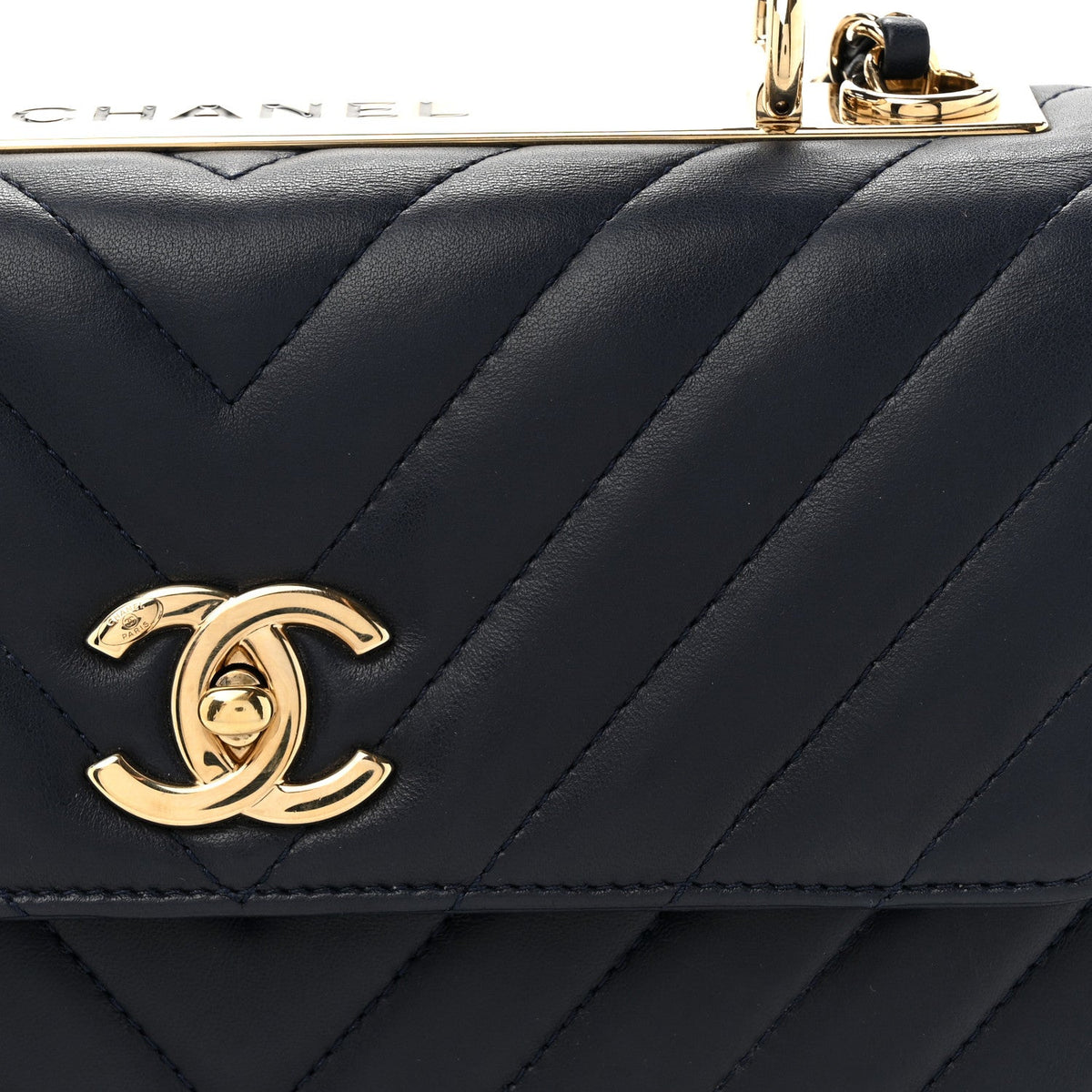 Lambskin Chevron Quilted Small Trendy CC Flap Dual Handle Bag Navy