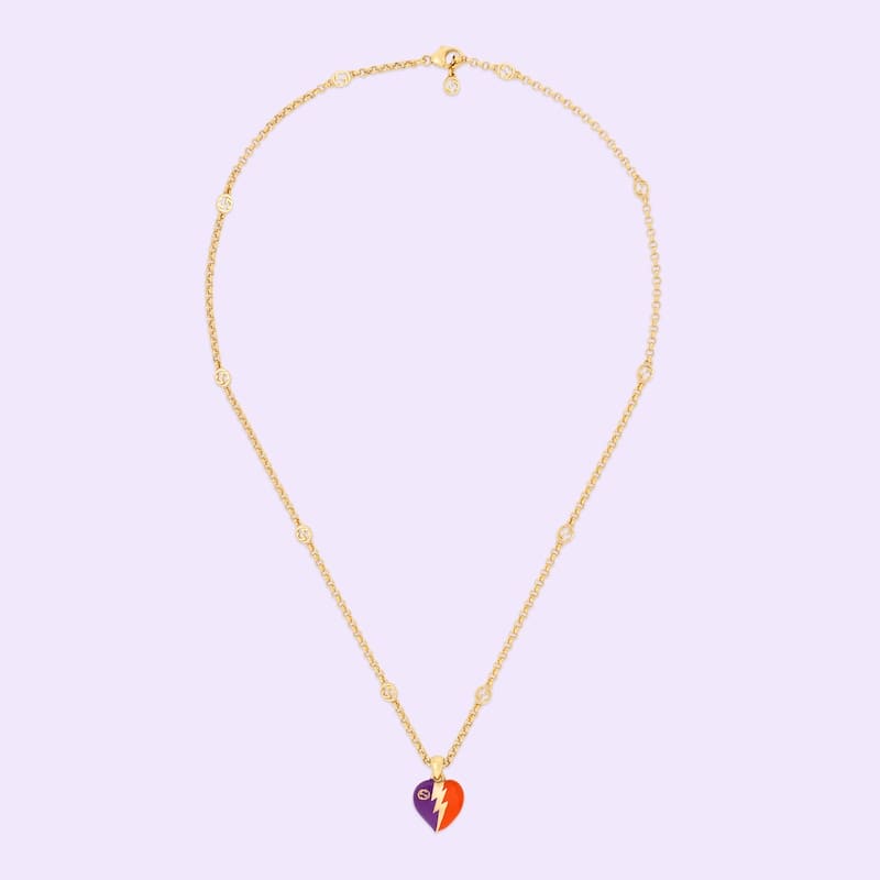 Gucci Double Interlocking Gucci Heart Lightning Charm 18K Gold Necklace