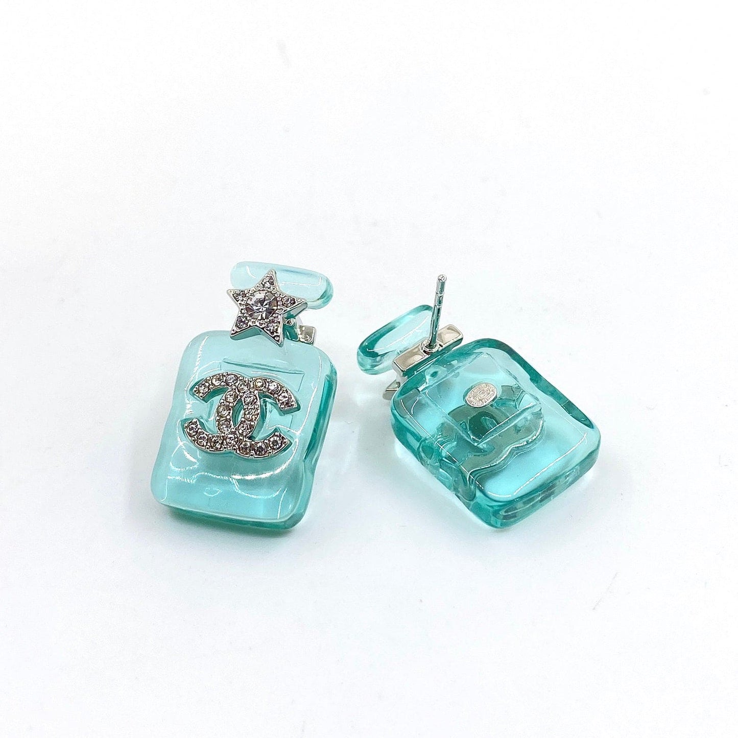 Chanel Perfume Blue Bottle 18K Gold Earrings