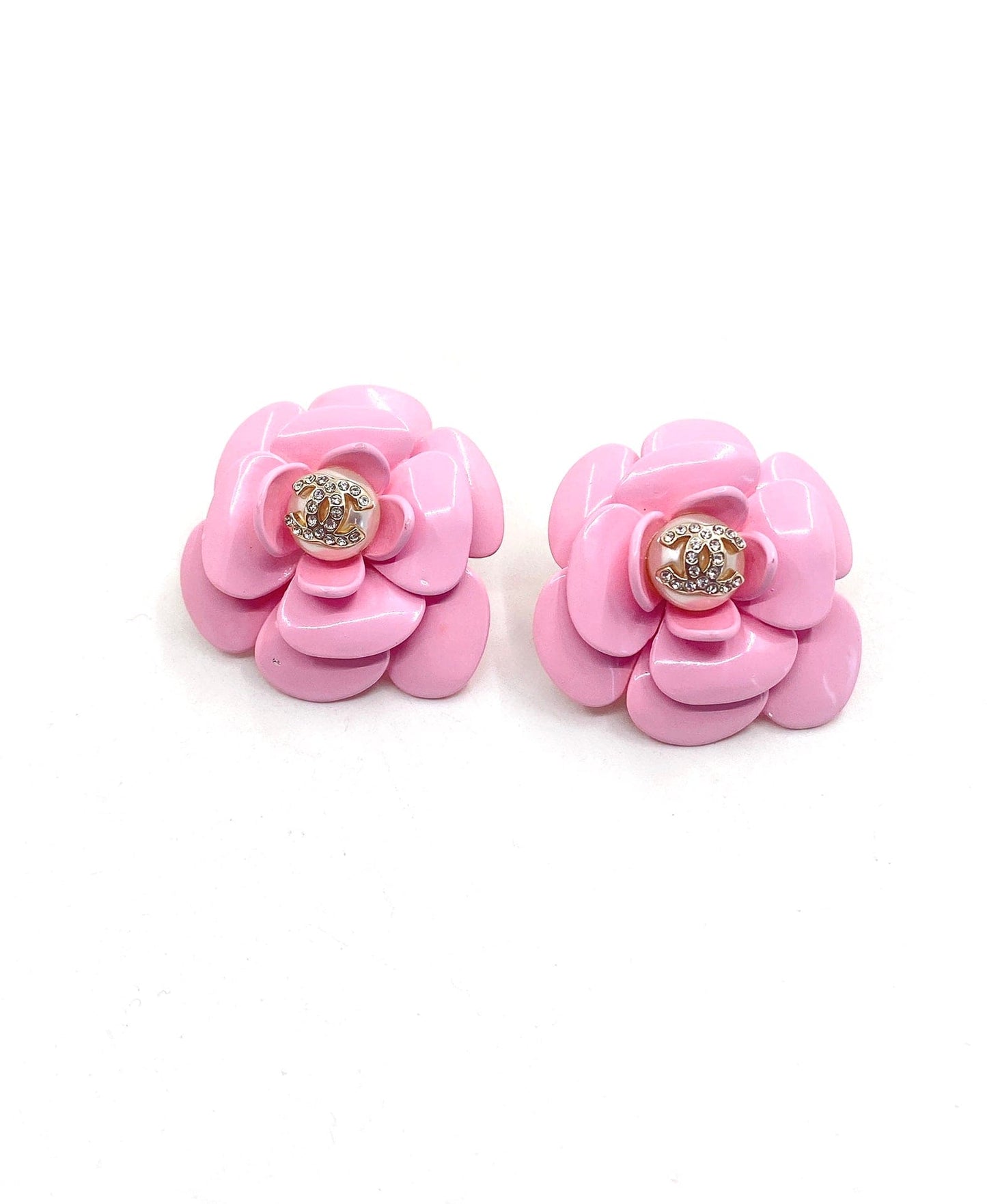 Chanel Pink Camellia Resin 18K Gold Earrings