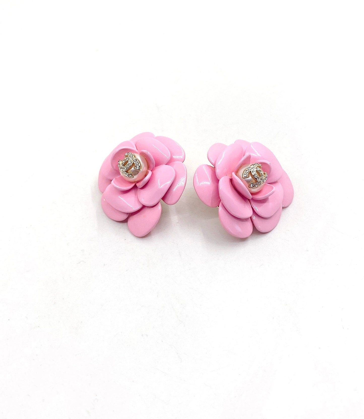 Chanel Pink Camellia Resin 18K Gold Earrings