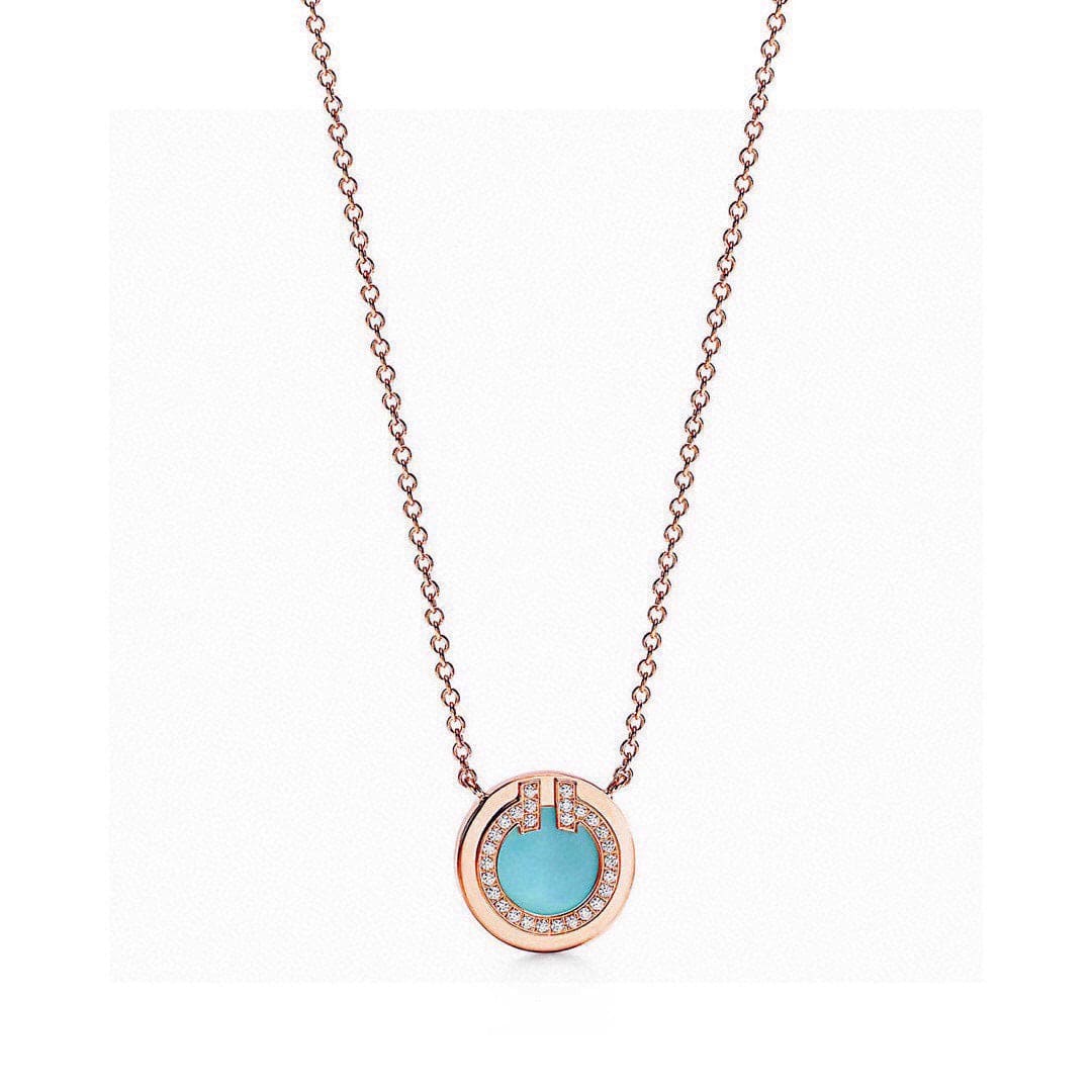 Tiffany Diamond & Turquoise Circle Pendant 18K Gold Necklace