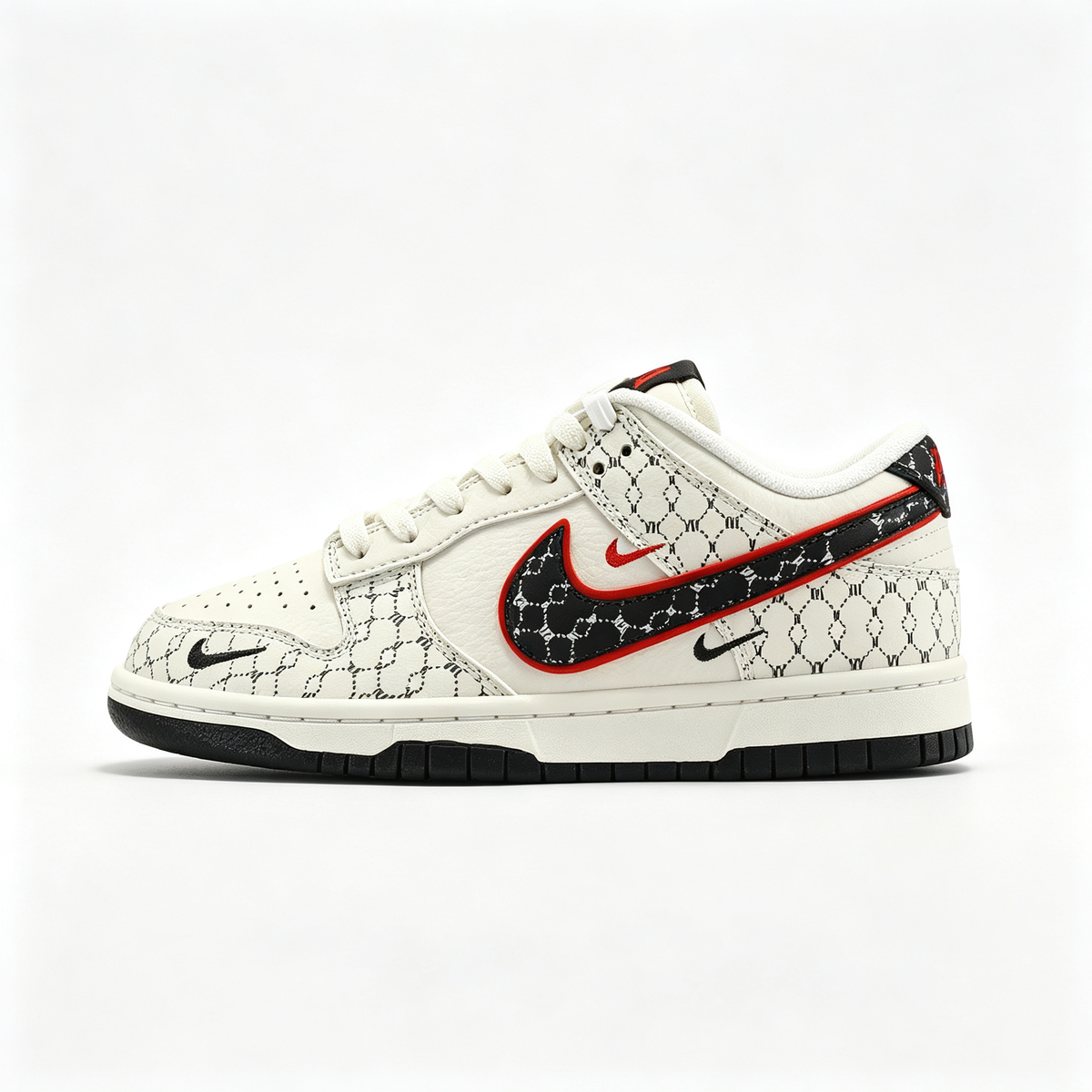 Nike Dunk Low Custom ¡ª Cream / Off-White / Black Monogram Print / Red Outline