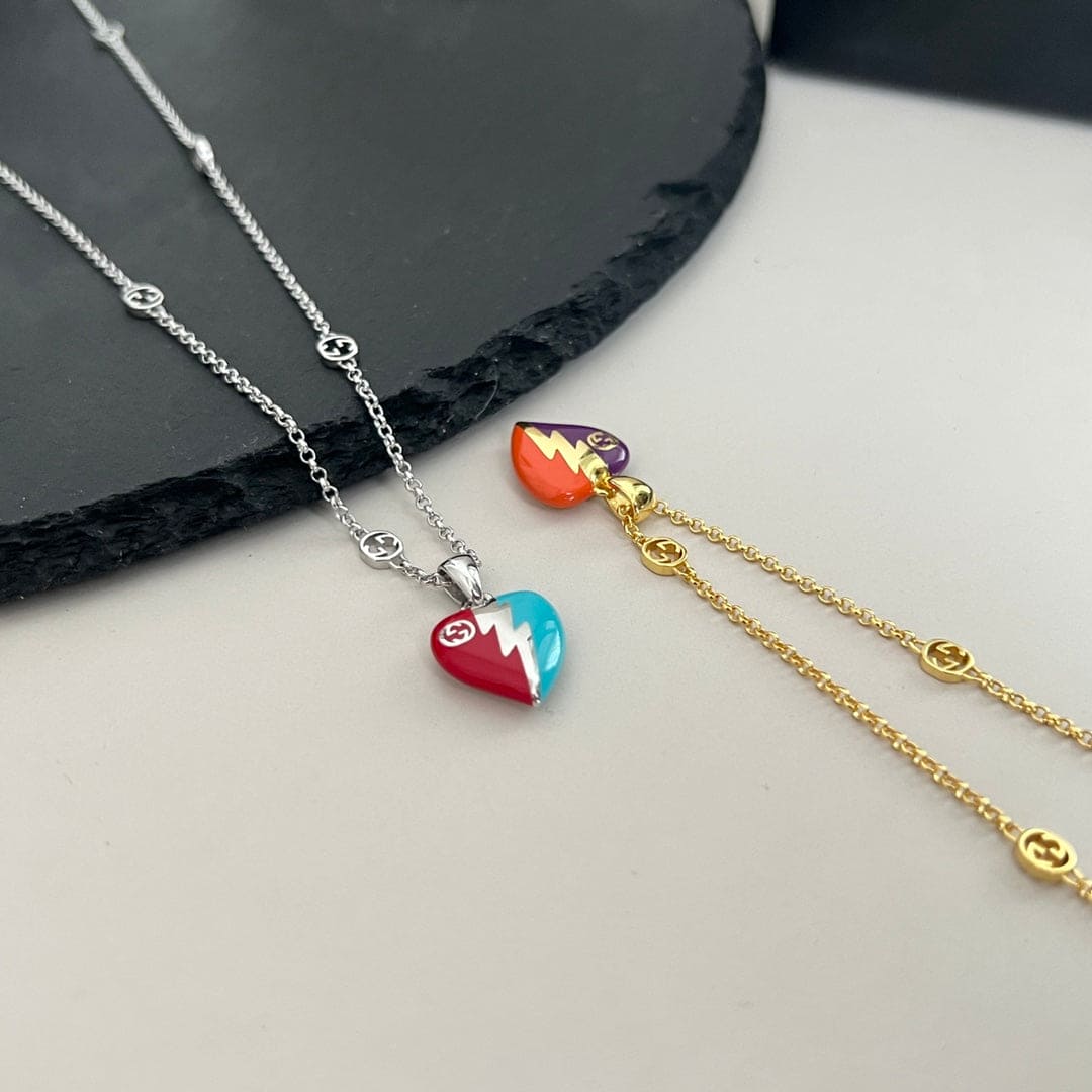 Gucci Double Interlocking Gucci Heart Lightning Charm 18K Gold Necklace