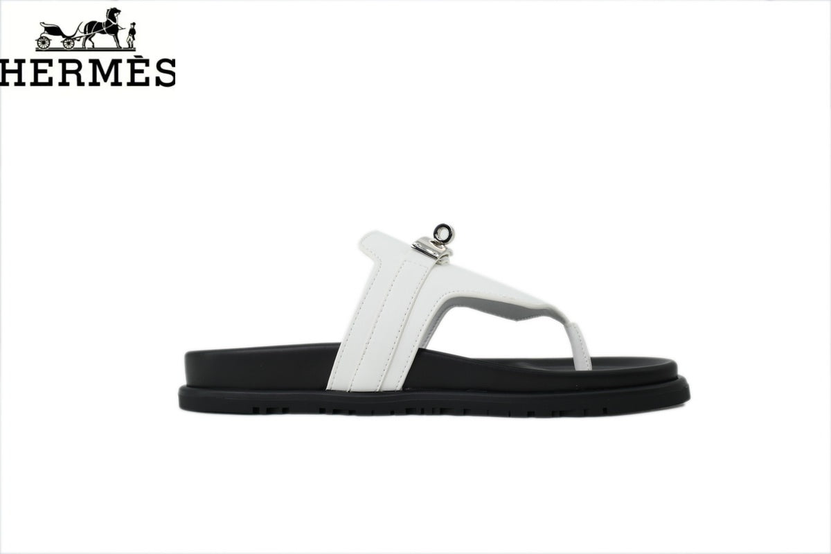 Herm¨¨s female slides White Leather Flip-Flop Slide with Metal Buckle