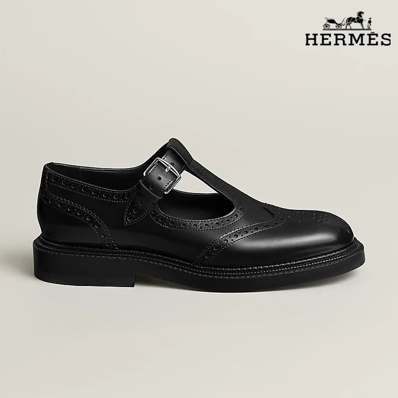 Herm¨¨s Black Leather T-Strap Brogue with Buckle