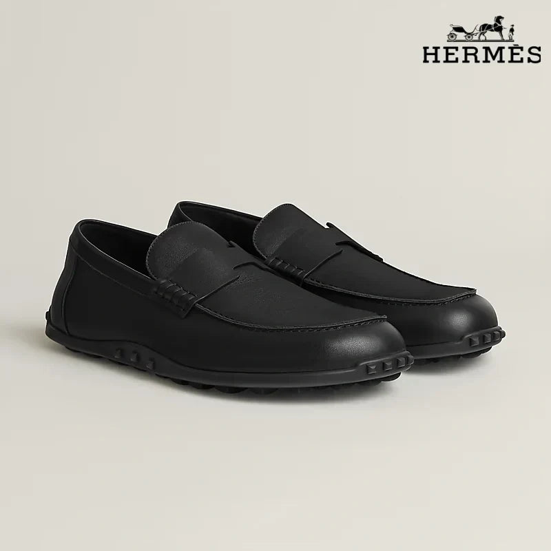 Herm¨¨s Black Smooth Leather Driving Loafer with Studded Sole