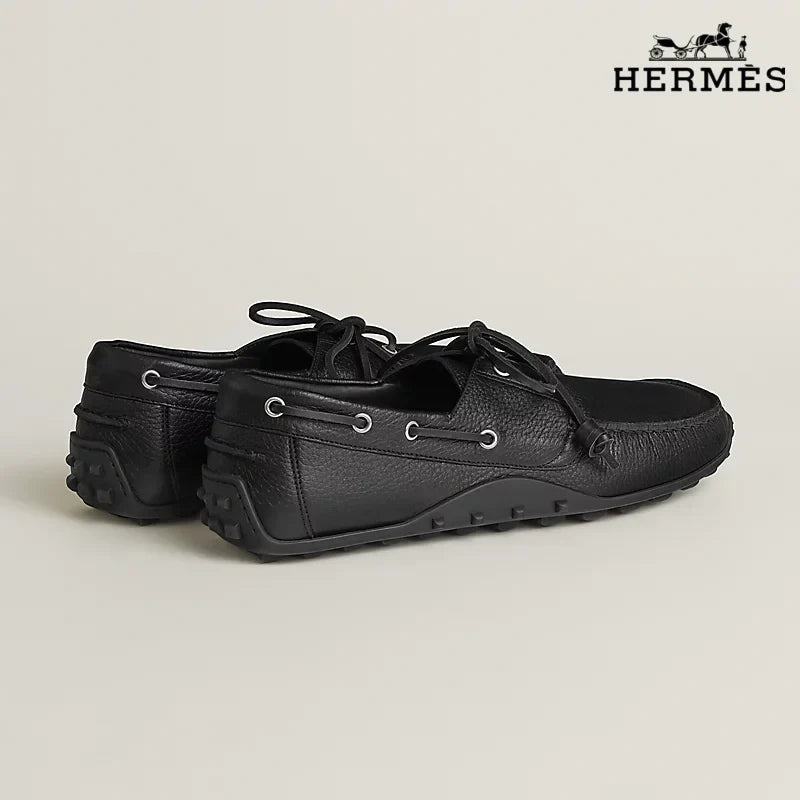 Herm¨¨s Black Grained Leather Lace-Up Driving Shoe with Studded Sole