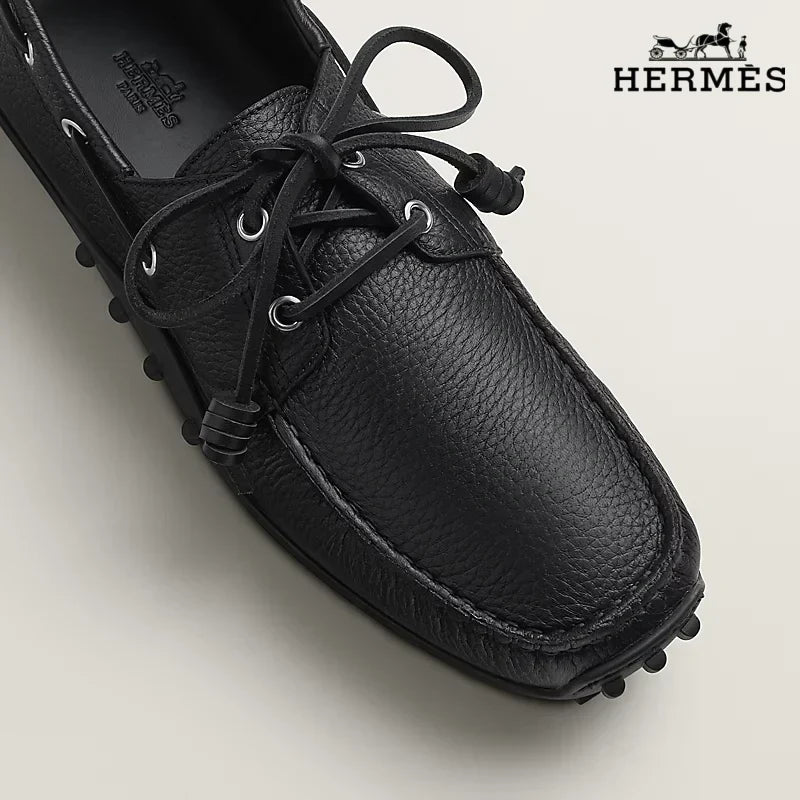 Herm¨¨s Black Grained Leather Lace-Up Driving Shoe with Studded Sole