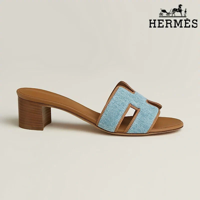 Herm¨¨s Light Blue Denim Heeled Slide Sandals with H Cutout
