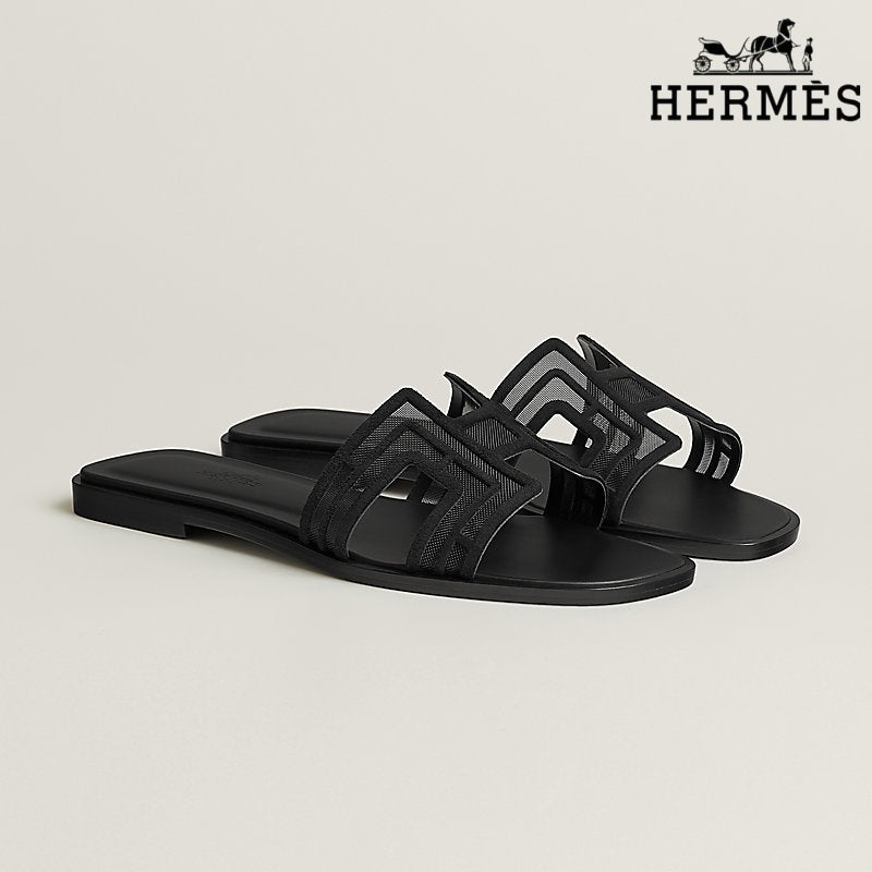 Herm¨¨s Black Mesh Slide Sandals with H Cutout