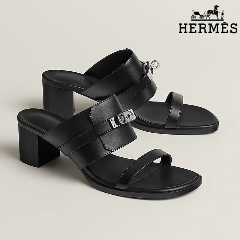 Herm¨¨s Black Smooth Leather Heeled Slide Sandals with Silver Kelly Buckle