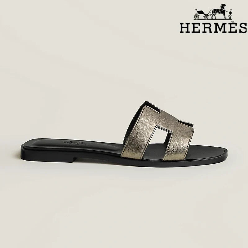 Herm¨¨s Oran Metallic Bronze Leather Slide Sandals