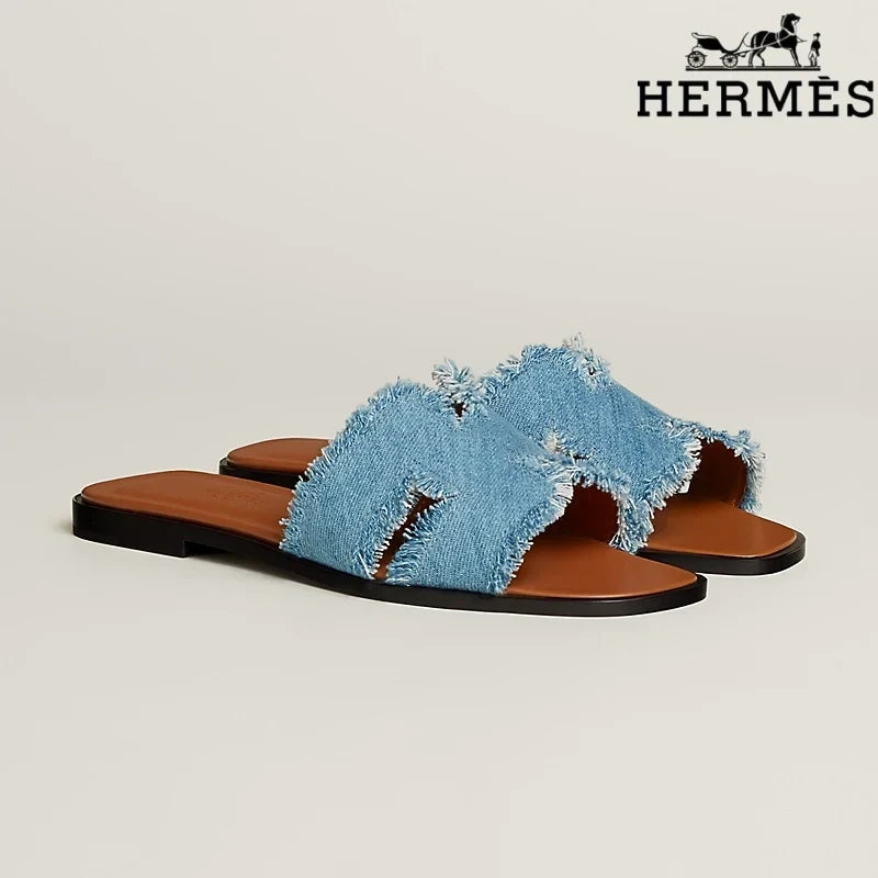 Herm¨¨s Oran Blue Denim Fringe Slide Sandals