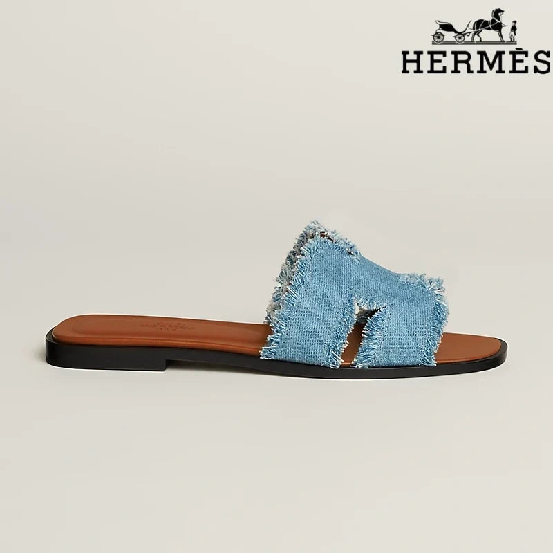 Herm¨¨s Oran Blue Denim Fringe Slide Sandals