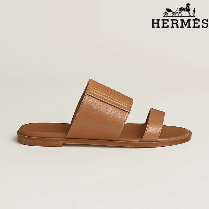 Herm¨¨s  female slides Tan Calfskin Two-Strap Flat Slide Sandals
