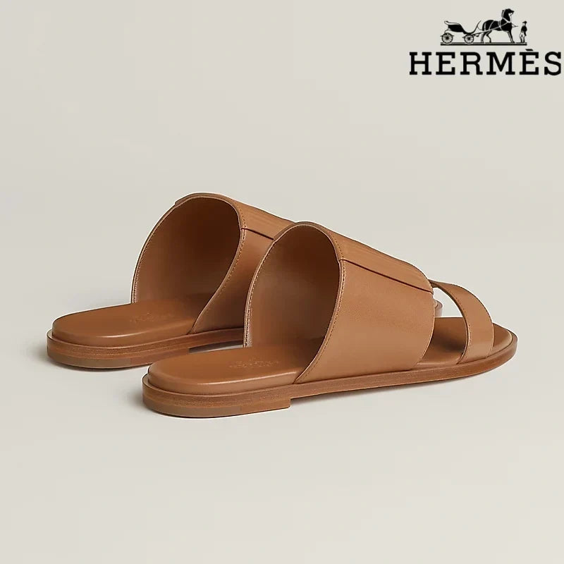 Herm¨¨s  female slides Tan Calfskin Two-Strap Flat Slide Sandals