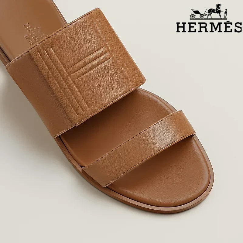 Herm¨¨s  female slides Tan Calfskin Two-Strap Flat Slide Sandals