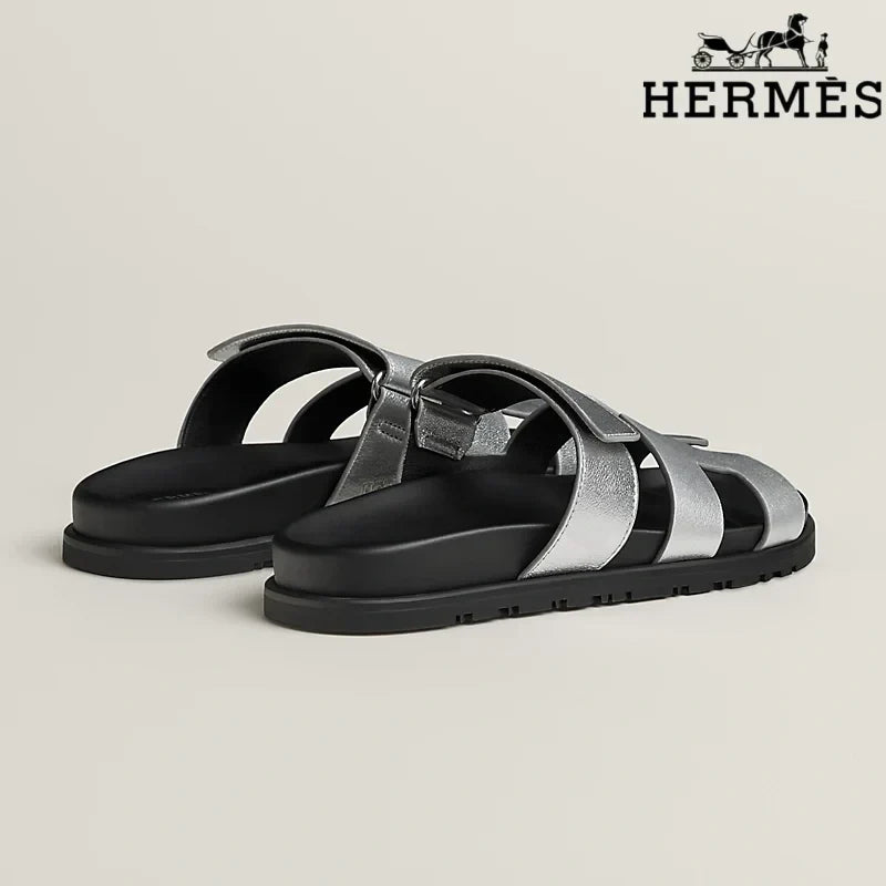 Herm¨¨s Silver Metallic Leather H Cutout Slide Sandals