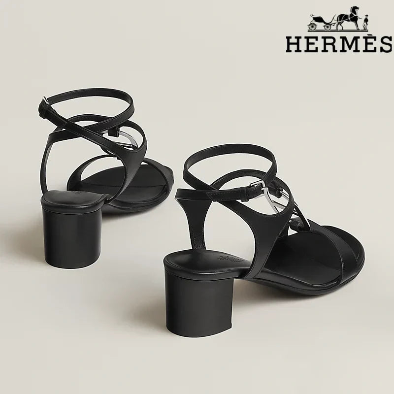 Herm¨¨s Black Calfskin Ankle Strap Block Heel Sandals