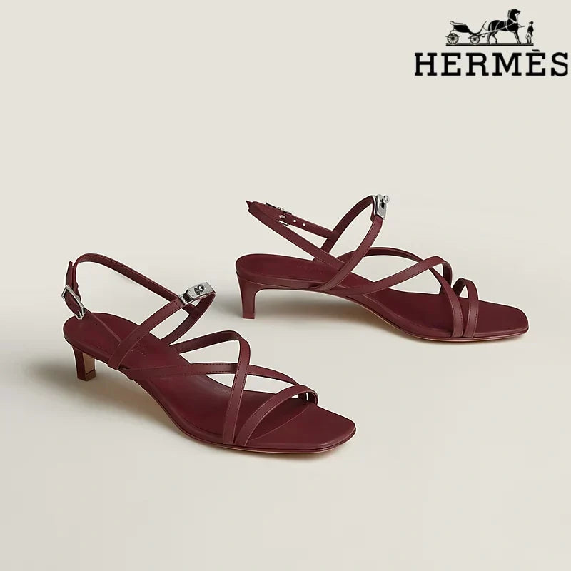 Herm¨¨s Burgundy Calfskin Crisscross Strap Kitten Heel Sandals