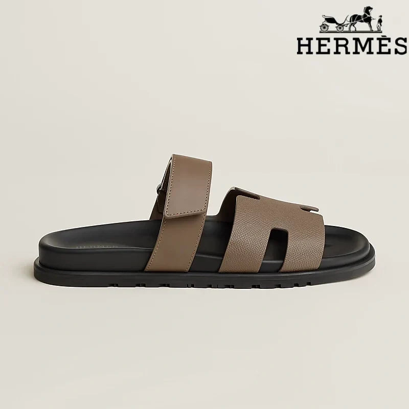 Herm¨¨s womens shoes men sneaker Taupe Leather H Cutout Double-Strap Slide Sandals