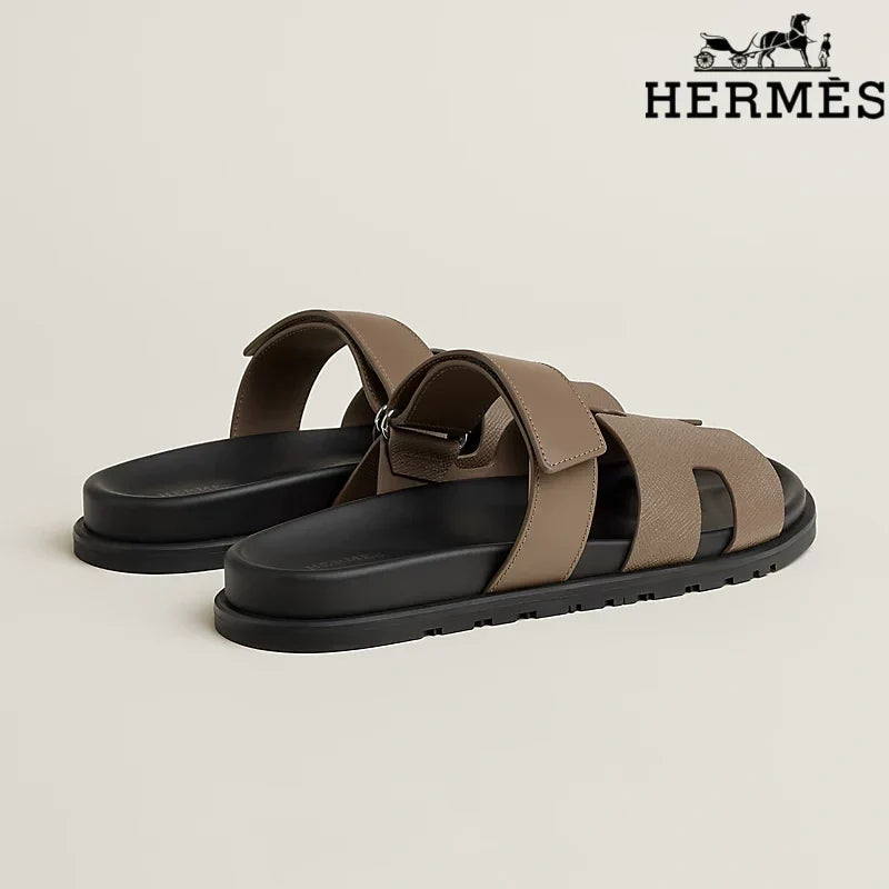 Herm¨¨s womens shoes men sneaker Taupe Leather H Cutout Double-Strap Slide Sandals