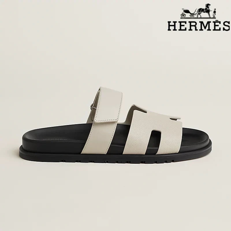 Herm¨¨s Cream Leather H Cutout Double-Strap Slide Sandals