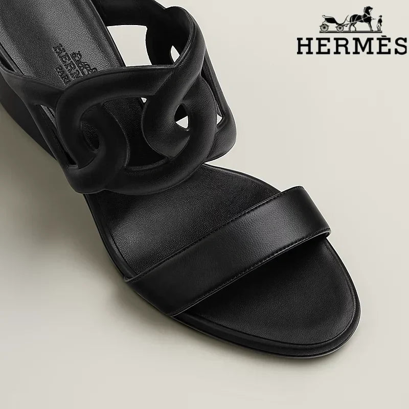 Herm¨¨s H Cutout Platform Wedge Sandal Black Calfskin