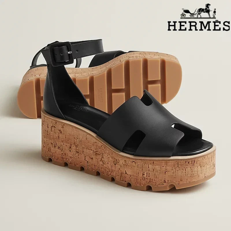Herm¨¨s Black Calfskin H Cutout Platform Wedge Sandals