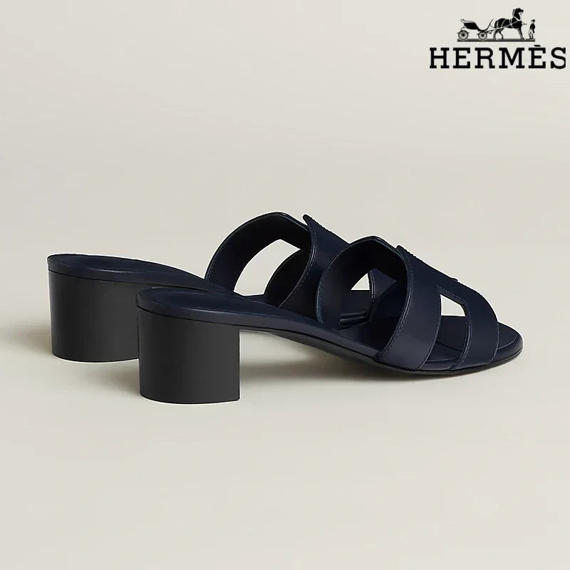 Herm¨¨s Dark Navy Leather Heeled Slide Sandals