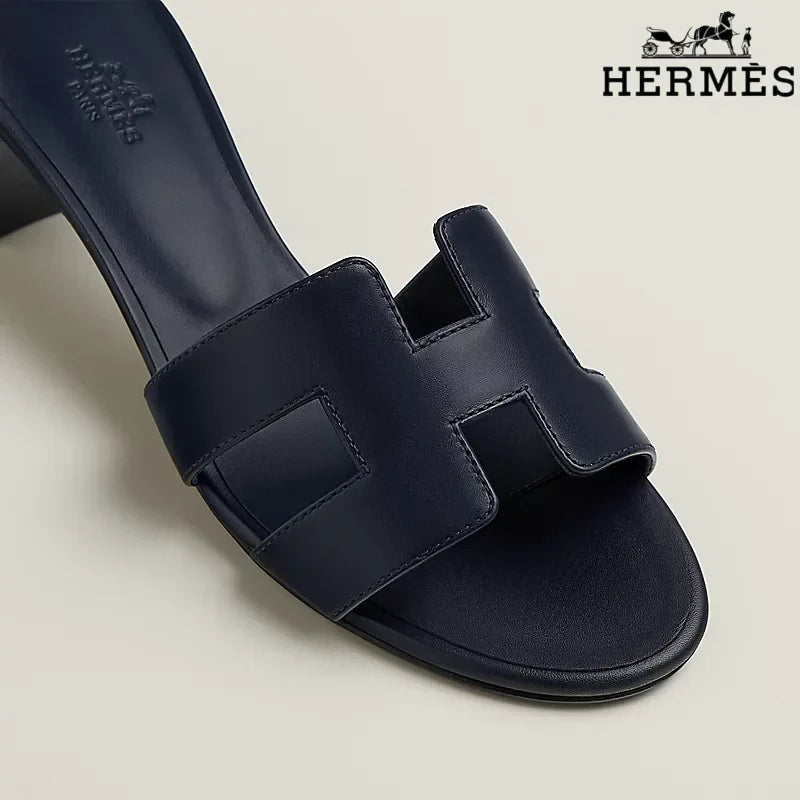 Herm¨¨s Dark Navy Leather Heeled Slide Sandals