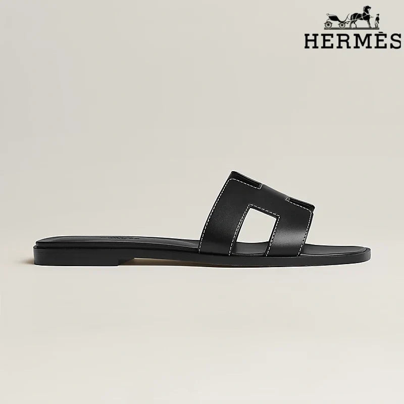 Herm¨¨s Black Leather Oran Slide Sandals