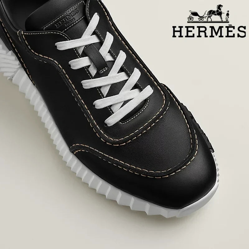 Herm¨¨s Black Leather Ridged Sole Sneakers