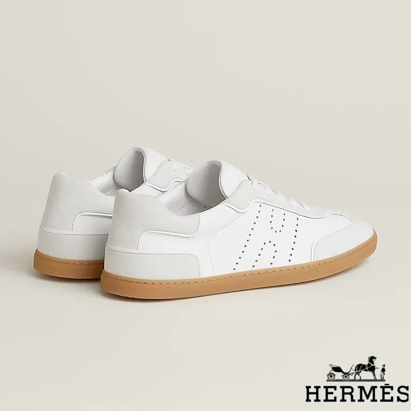 Herm¨¨s womens shoes men sneaker White Leather and Suede Low Sneakers