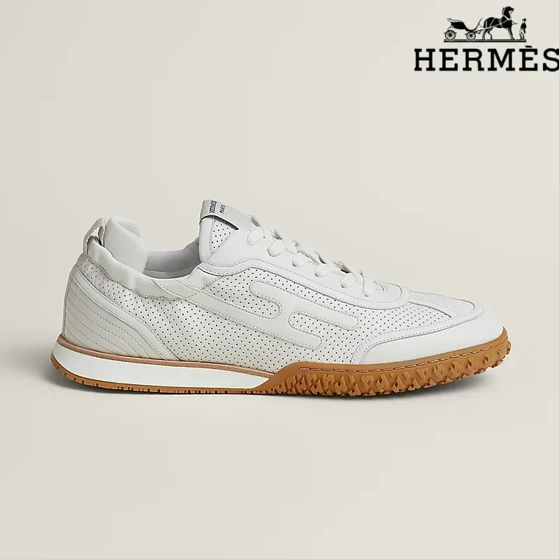 Herm¨¨s womens shoes men sneaker  White Perforated Leather H-Logo Sneakers