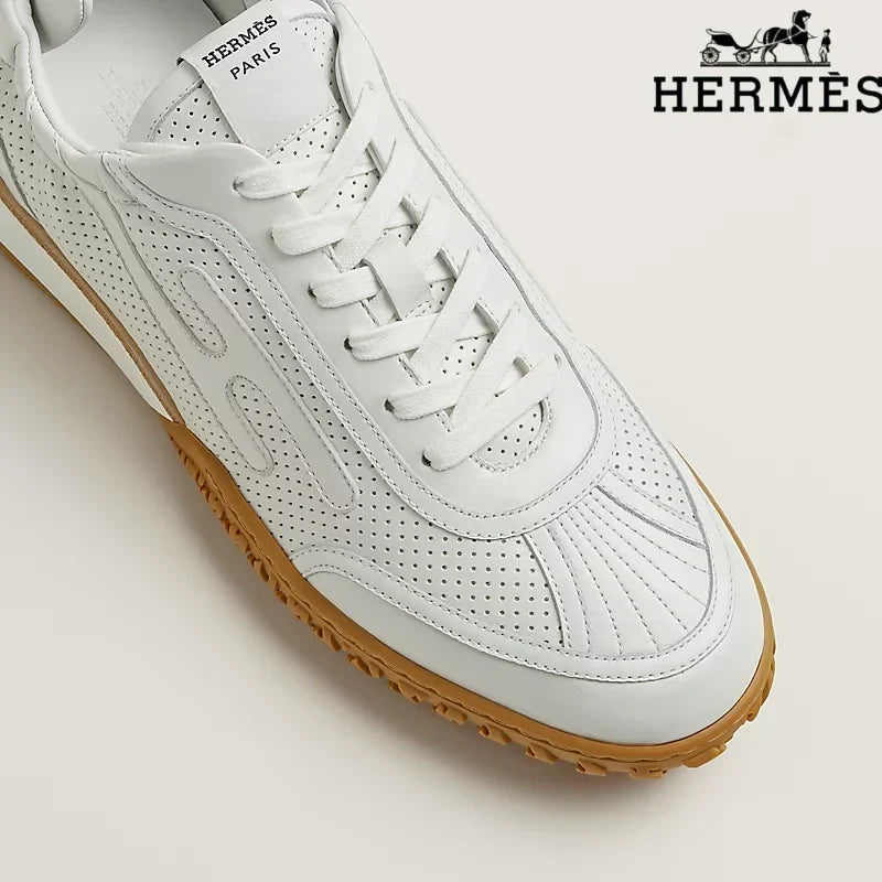 Herm¨¨s womens shoes men sneaker  White Perforated Leather H-Logo Sneakers
